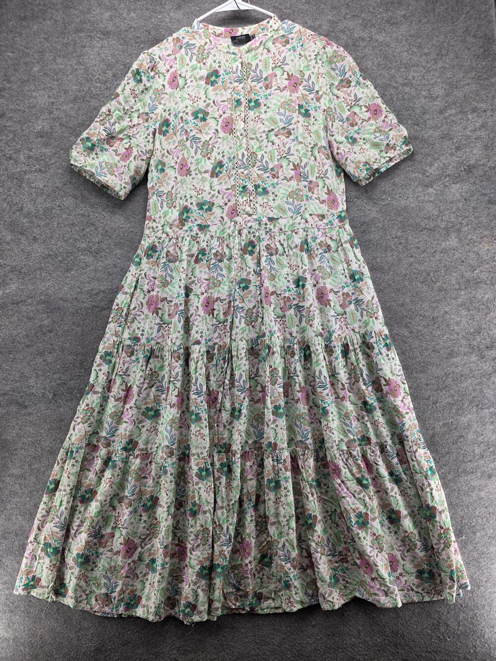 Yest Dress Womens 8 White Floral Collared Maxi Shirt Dress Viscose Ruffle